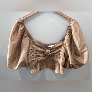 Altar'd State Beige Satin Cropped Puff Sleeve Blouse Women’s Medium Rose Ruffle